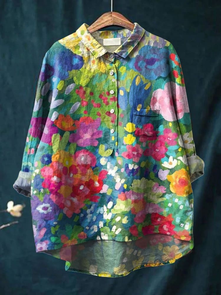 Women's Vintage Lovely Floral Art Print Casual Cotton And Linen Shirt